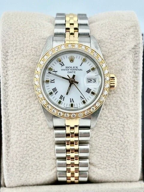 Rolex Date Ladies 69173 White Dial Diamond Bezel 18K Yellow Gold Stainless Steel